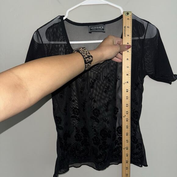 Vintage 90s Versace Jeans Couture Woman’s Black Sheer Mesh Top Floral Gradient S - Picture 6 of 8